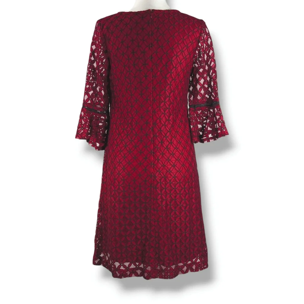 EUC Sandra Darren Lace Overlay Sheath Bell Flare Sleeve‎ Dress Sz. 6 Wine Black